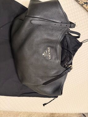 Prada Black Pebbled Leather Shoulder Hobo with Silver Logo